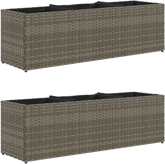 Donica na rośliny z 3 doniczkami z polirattanu — odporny na warunki atmosferyczne, z technorattanu, 105 × 30 × 32 cm, szary, z metalu