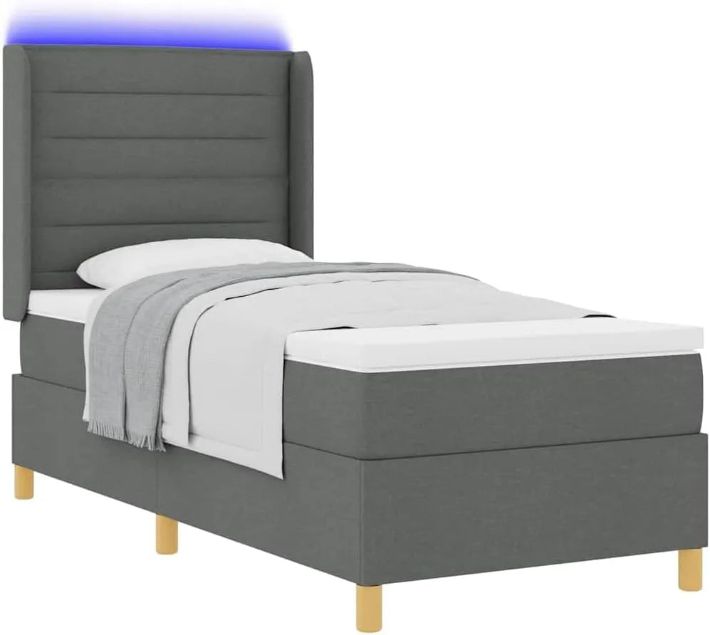 Łóżko kontynentalne z materacem i LED Szary ciemny 90x200 cm — wyświetlacz LED, 90 × 200 cm
