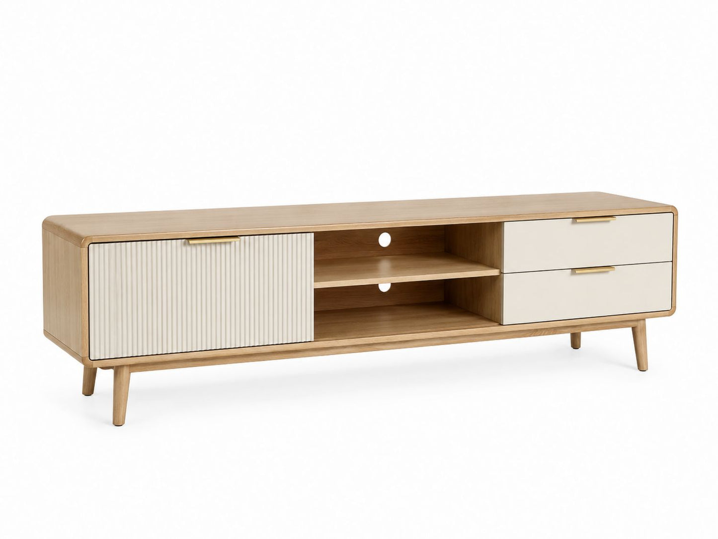 Drewniana szafka RTV z kremowymi frontami 150x40x50 cm