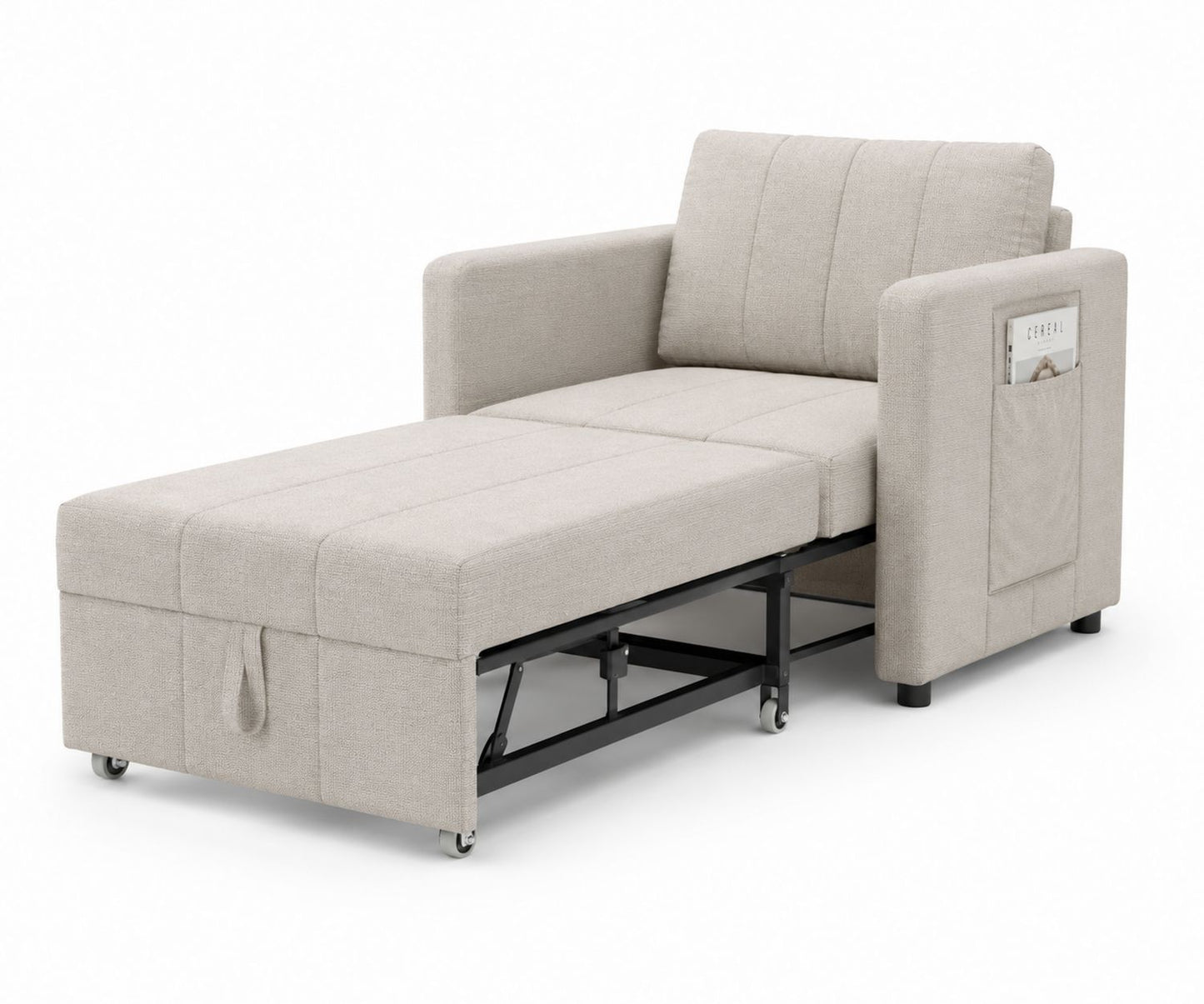 Rozkładana sofa z tkaniny beżowej na kółkach