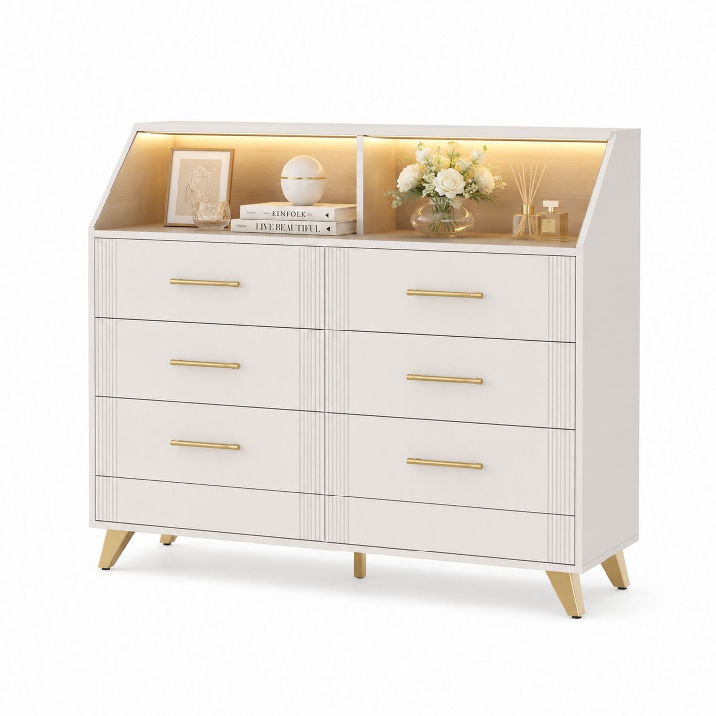Komoda MDF Biała ze Złotymi Detalami i LED 120x40x80 cm