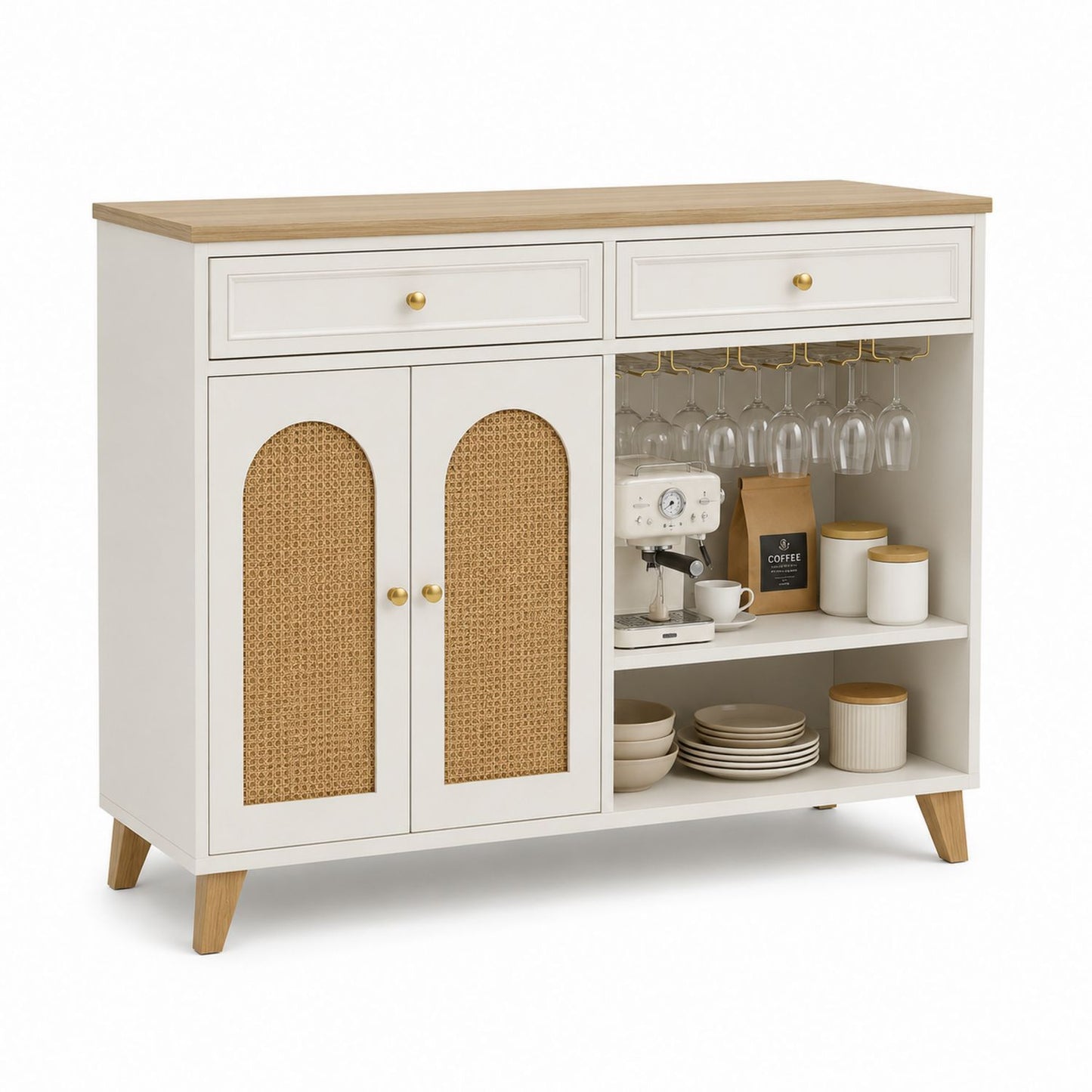 Bufet z MDF i Rattanu z Blatem Dębowym 120x40x90 cm