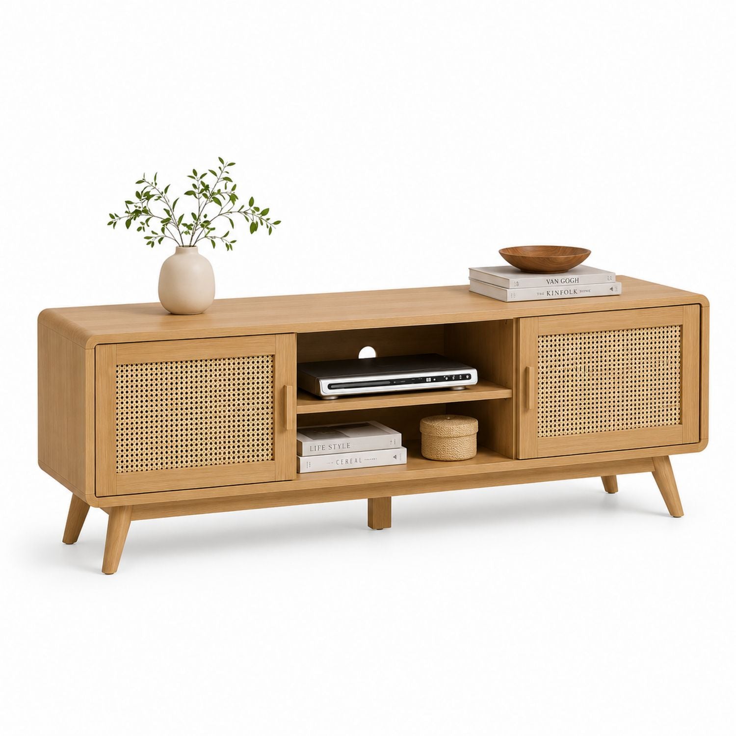 Szafka RTV drewniana z plecionką rattanową 150x45x50 cm